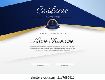 Blue and gold certificate of achievement border template with luxury badge and modern line pattern. For award, business, and education needs