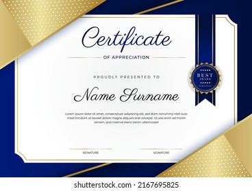 Blue and gold certificate of achievement border template with luxury badge and modern line pattern. For award, business, and education needs