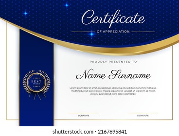 Blue and gold certificate of achievement border template with luxury badge and modern line pattern. For award, business, and education needs