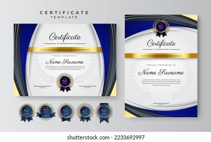Blue and gold certificate of achievement border template with luxury badge and modern line pattern. For award, business, and education needs