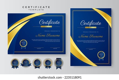 Blue and gold certificate of achievement border template with luxury badge and modern line pattern. For award, business, and education needs