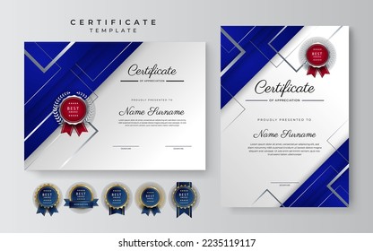 Blue and gold certificate of achievement border template with luxury badge and modern line pattern. For award, business, and education needs
