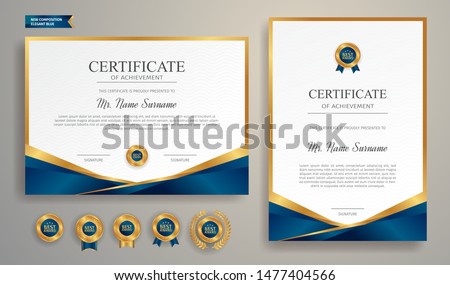 Blue and gold certificate of achievement border template with luxury badge and modern line pattern. For award, business, and education needs
