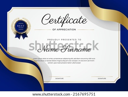 Blue and gold certificate of achievement border template with luxury badge and modern line pattern. For award, business, and education needs