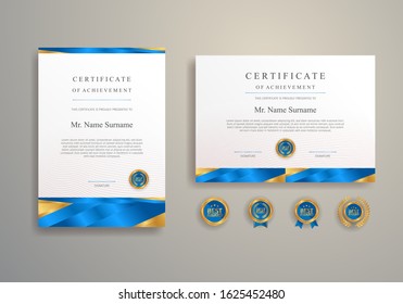 Blue and gold certificate of achievement template with badge and border vector A4 size