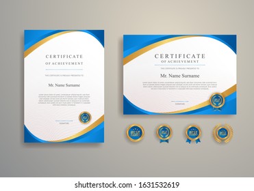 Blue and gold certificate of achievement template with badge and border vector A4 size