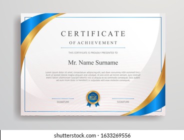 Blue and gold certificate of achievement template with badge and border vector A4 size