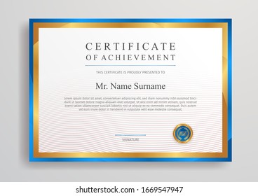 Blue and gold certificate of achievement template with badge and border vector for award, business, and education needs