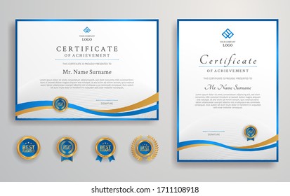 Blue and gold certificate of achievement template with badge and border vector for award, business, and education needs