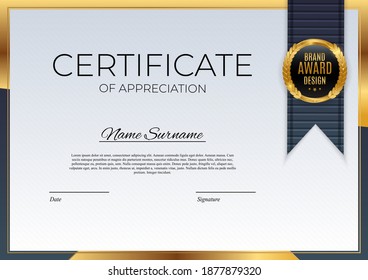 Blue and gold Certificate of achievement template Background with gold badge and border. Award diploma design blank. Vector Illustration EPS10