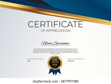 Blue and gold Certificate of achievement template set Background with gold badge and border. Award diploma design blank. Vector Illustration