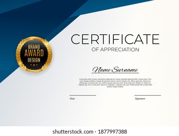 Blue and gold Certificate of achievement template set Background with gold badge and border. Award diploma design blank. Vector Illustration