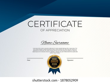 Blue and gold Certificate of achievement template set Background with gold badge and border. Award diploma design blank. Vector Illustration