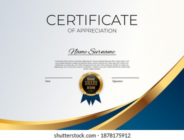 Blue and gold Certificate of achievement template set Background with gold badge and border. Award diploma design blank. Vector Illustration
