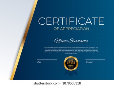 Blue and gold Certificate of achievement template set Background with gold badge and border. Award diploma design blank. Vector Illustration EPS10