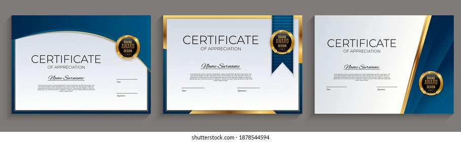 Modelo de certificado de logro azul y dorado con distintivo y borde dorado. Diseño de diploma en blanco. Ilustración vectorial