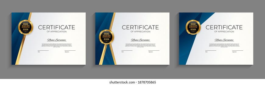 Blue and gold Certificate of achievement template set Background with gold badge and border. Award diploma design blank. Vector Illustration