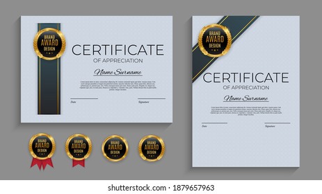 Blue and gold Certificate of achievement template set with gold badge and border. Award diploma design blank. Vector Illustration