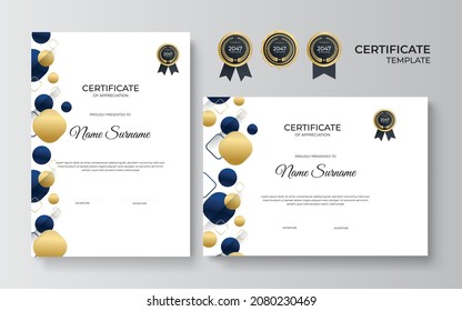 Blue and gold certificate of achievement template with gold badge and border