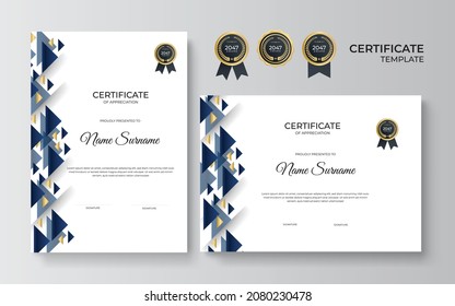 Blue and gold certificate of achievement template with gold badge and border