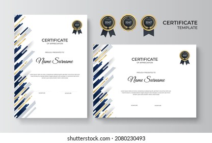 Blue and gold certificate of achievement template with gold badge and border