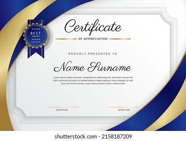 Blue gold certificate of achievement template design with modern corporate or business concept. Suit for education award, online course, diploma certificate and much more