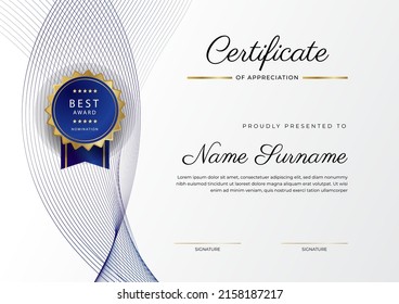 Blue gold certificate of achievement template design with modern corporate or business concept. Suit for education award, online course, diploma certificate and much more