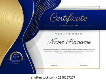 Blue gold certificate of achievement template design with modern corporate or business concept. Suit for education award, online course, diploma certificate and much more