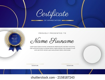 Blue gold certificate of achievement template design with modern corporate or business concept. Suit for education award, online course, diploma certificate and much more