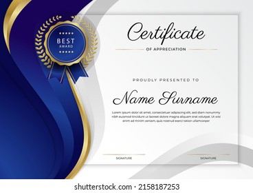 Blue gold certificate of achievement template design with modern corporate or business concept. Suit for education award, online course, diploma certificate and much more