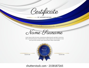 Blue Gold Certificate Of Achievement Template Design With Modern Corporate Or Business Concept. Suit For Education Award, Online Course, Diploma Certificate And Much More