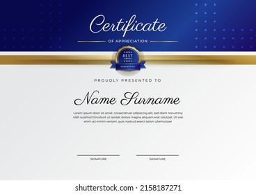 Blue gold certificate of achievement template design with modern corporate or business concept. Suit for education award, online course, diploma certificate and much more