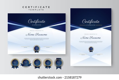 Blue gold certificate of achievement template design with modern corporate or business concept. Suit for education award, online course, diploma certificate and much more