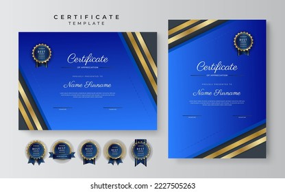 Blue and gold certificate of achievement template with gold badge and border