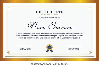 Blue and gold Certificate of achievement template set with gold badge and border. Award diploma design blank. Vector Illustration