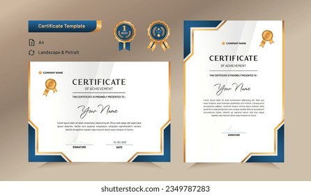 Blue and gold certificate of achievement template. For award, business, and education needs. Vector Illustration