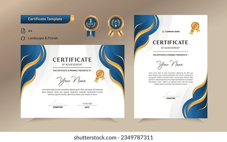 Blue and gold certificate of achievement template. For award, business, and education needs. Vector Illustration