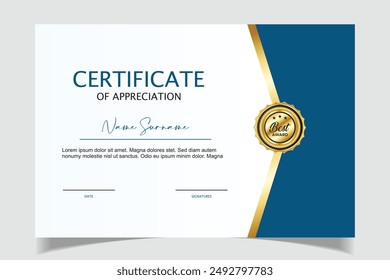 Blue and gold Certificate of achievement template set with gold badge and border. Award diploma design.