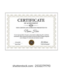 Blue and gold certificate of achievement template with gold badge and border