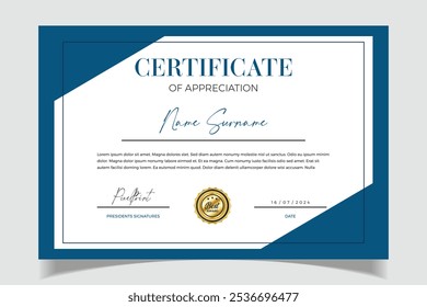 Blue and gold Certificate of achievement template design with gold badge and border. Award diploma design Vector Isolated.