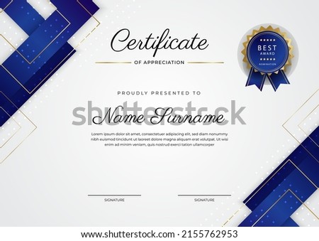 Blue gold Certificate of achievement template with modern corporate concept design. Suit for employee of the month, awards certificate, diploma certificate