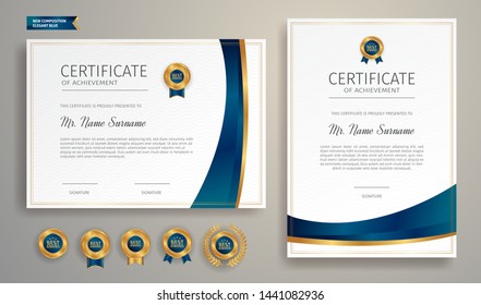 Blue and gold certificate of appreciation border template with luxury badge and modern line pattern