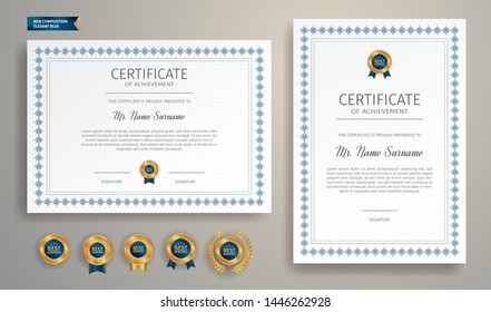 Blue and gold certificate of appreciation border template with luxury badge and modern line pattern