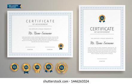 Blue and gold certificate of appreciation border template with luxury badge and modern line pattern