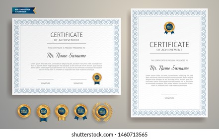 Blue and gold certificate of appreciation border template with luxury badge and modern line pattern