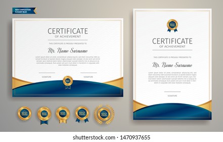 Blue and gold certificate of appreciation border template with luxury badge and modern line pattern