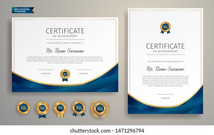 Blue and gold certificate of appreciation border template with luxury badge and modern line pattern. For award, business, and education needs