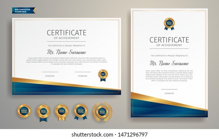 Blue and gold certificate of appreciation border template with luxury badge and modern line pattern. For award, business, and education needs