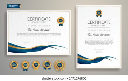 Blue and gold certificate of appreciation border template with luxury badge and modern line pattern. For award, business, and education needs