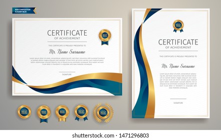 Blue and gold certificate of appreciation border template with luxury badge and modern line pattern. For award, business, and education needs